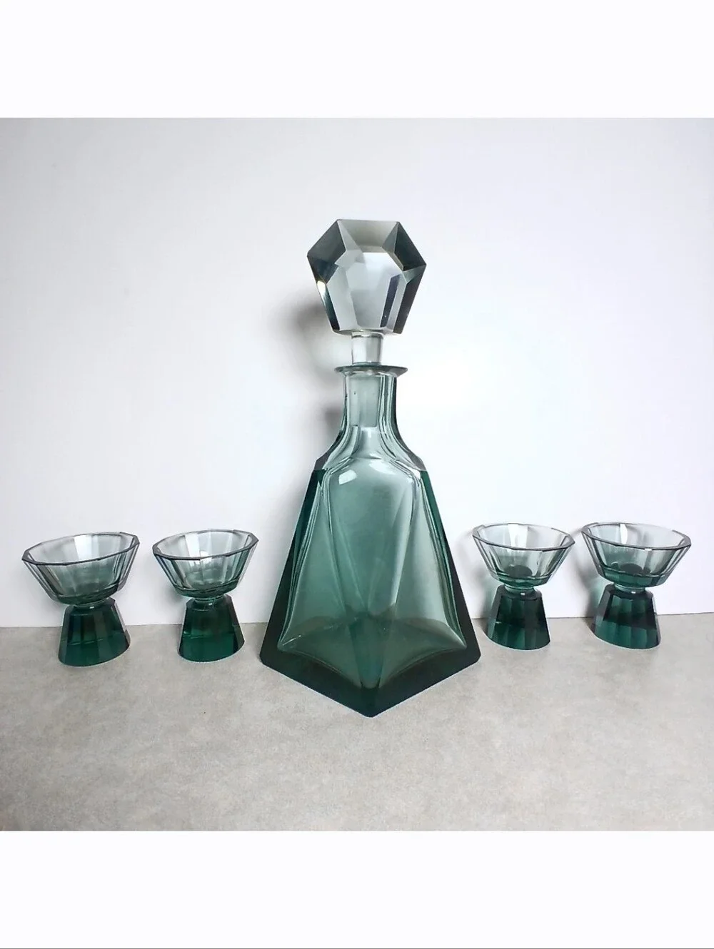 Antique Art Deco Bohemian Smokey Green Glass Geometric Decanter Bottle Cup Set